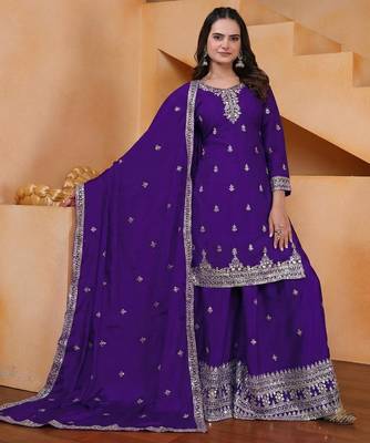 Designer chinnon embroidered sharara suit 1
