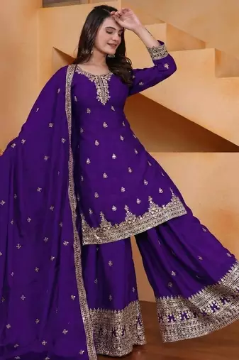 Designer chinnon embroidered sharara suit