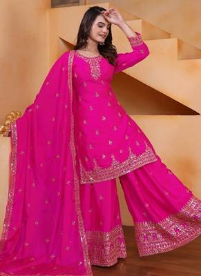 Designer chinnon embroidered sharara suit 4