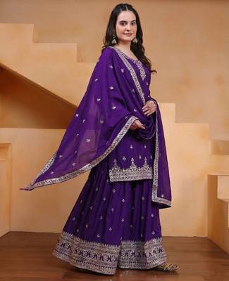 Designer chinnon embroidered sharara suit 4