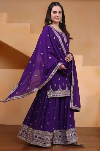 Designer chinnon embroidered sharara suit