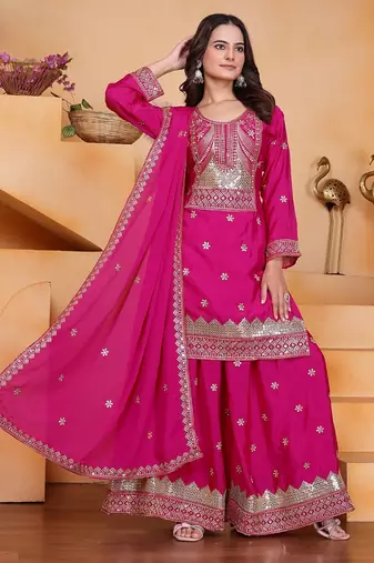 Designer chinnon embroidered sharara suit