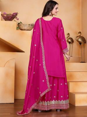Designer chinnon embroidered sharara suit 4