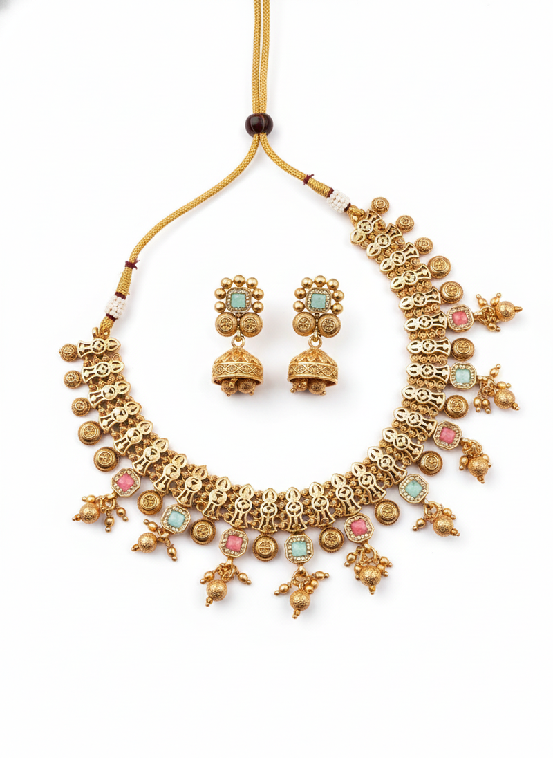 Mint rajwadi bandhai necklace set