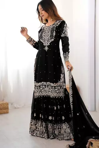 Black Faux Georgette Embroidery Sharara Set