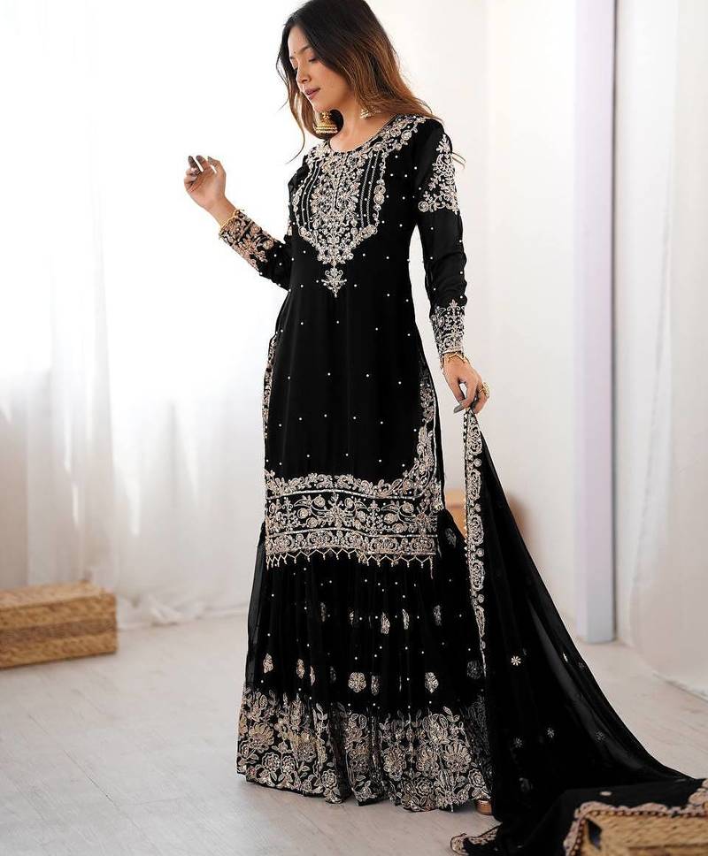 Black Faux Georgette Embroidery Sharara Set