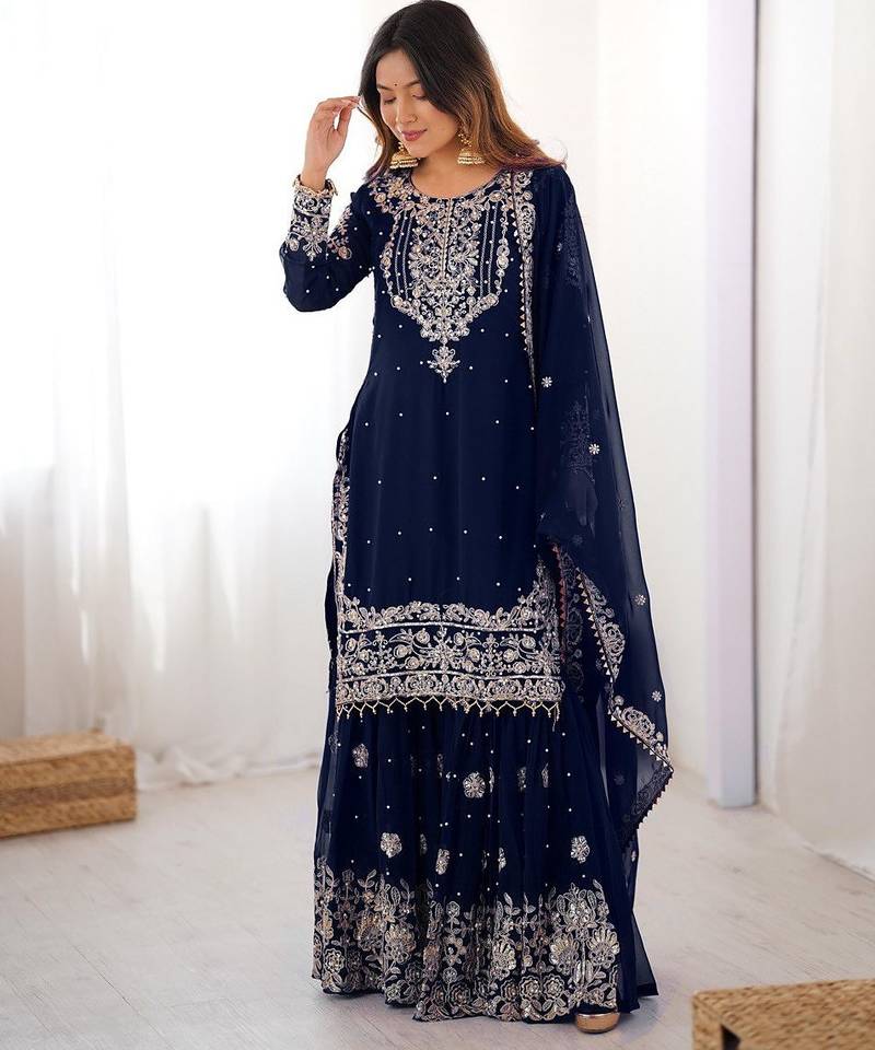 Blue Faux Georgette Embroidery Sharara Set
