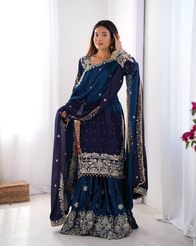 Blue Faux Georgette Embroidery Sharara Set