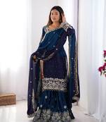 Blue Faux Georgette Embroidery Sharara Set