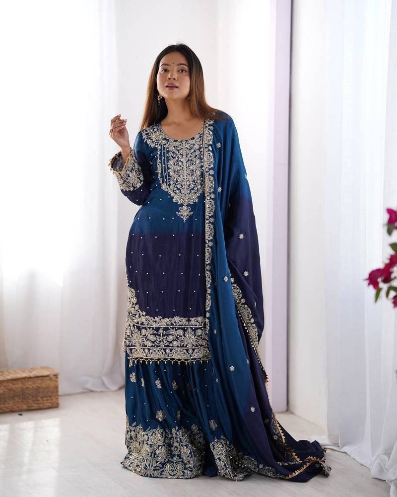 Blue Faux Georgette Embroidery Sharara Set