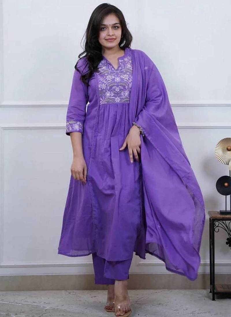 Lavender Color Beautiful Cotton Fabric Kurti Set
