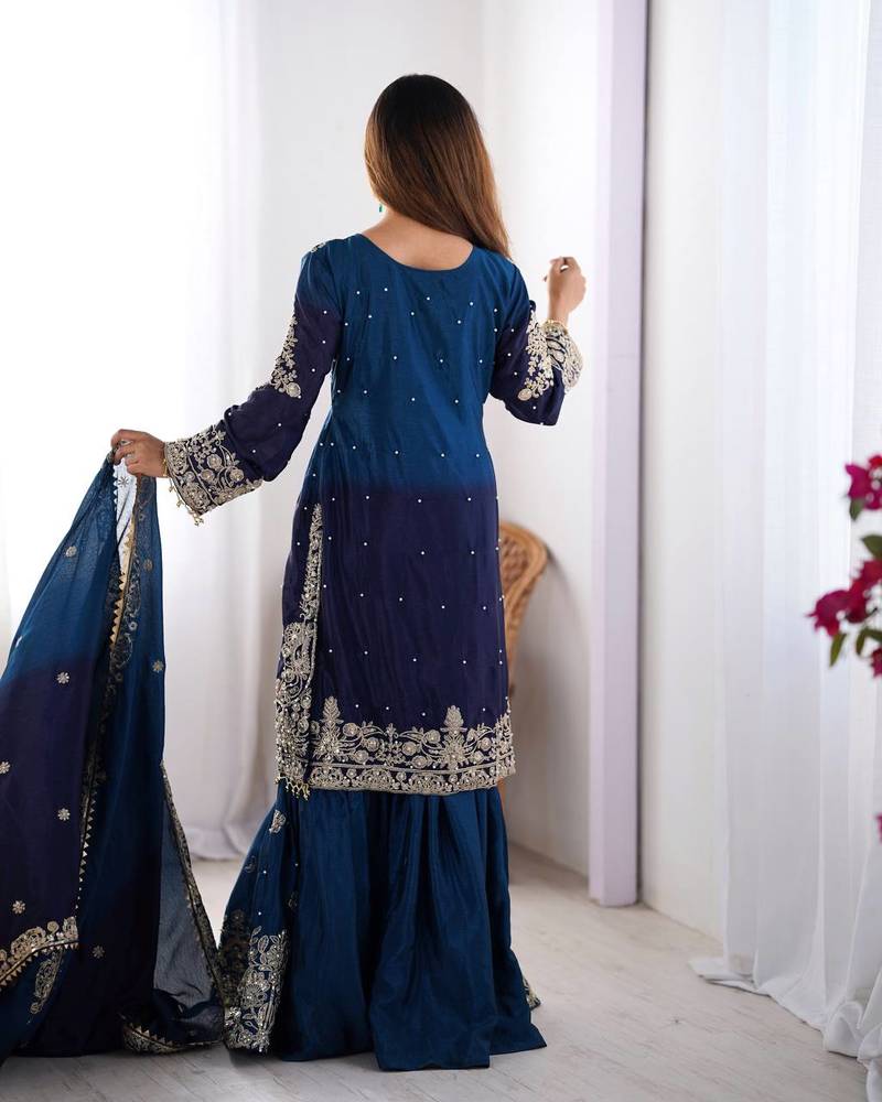 Blue Faux Georgette Embroidery Sharara Set