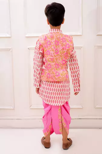 cotton fullsleeves all over printed  kurta with dhoti - peach & white