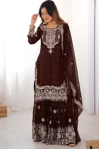 Brown Faux Georgette Embroidery Sharara Set