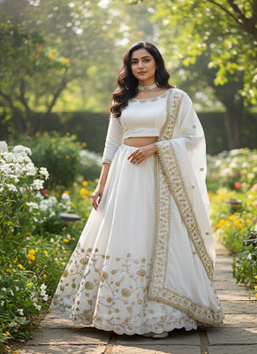 Women White Slub Silk Zari & Sequins Work Lehenga Set 1