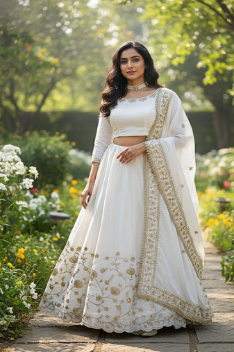 Women White Slub Silk Zari & Sequins Work Lehenga Set
