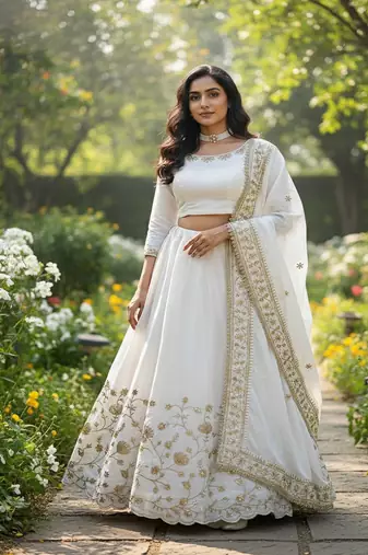 Women White Slub Silk Zari & Sequins Work Lehenga Set
