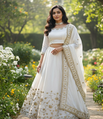 Women White Slub Silk Zari & Sequins Work Lehenga Set