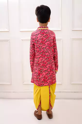 rayon fullsleeves butterfly printed  kurta with dhoti - coral & yellow