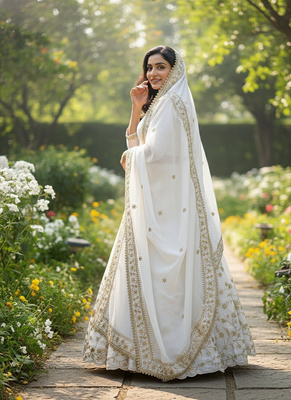 Women White Slub Silk Zari & Sequins Work Lehenga Set 2