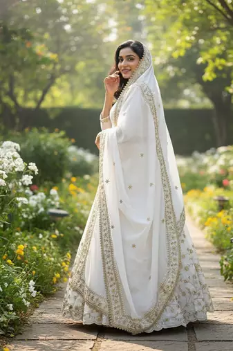 Women White Slub Silk Zari & Sequins Work Lehenga Set