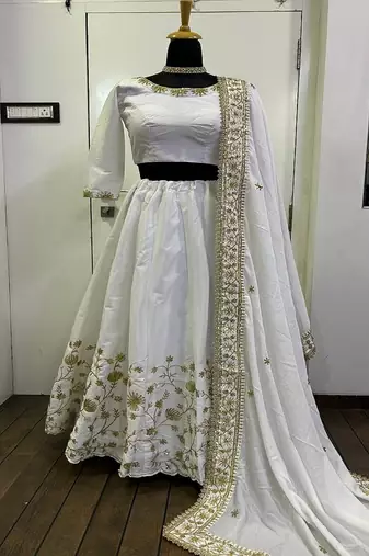 Women White Slub Silk Zari & Sequins Work Lehenga Set