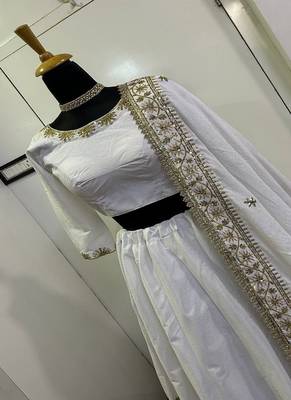 Women White Slub Silk Zari & Sequins Work Lehenga Set 4