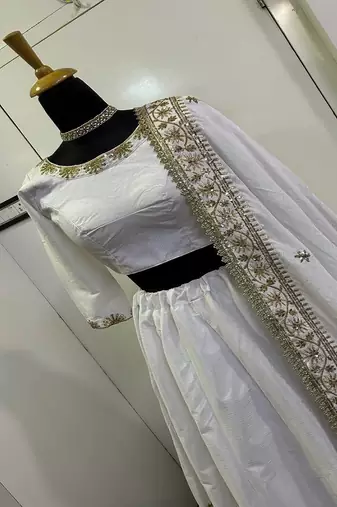 Women White Slub Silk Zari & Sequins Work Lehenga Set