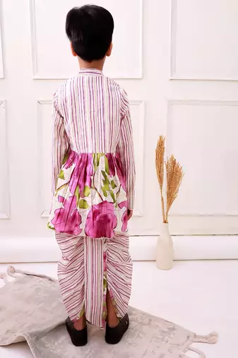 cotton fullsleeves all over printed kurta with dhoti - white & purple