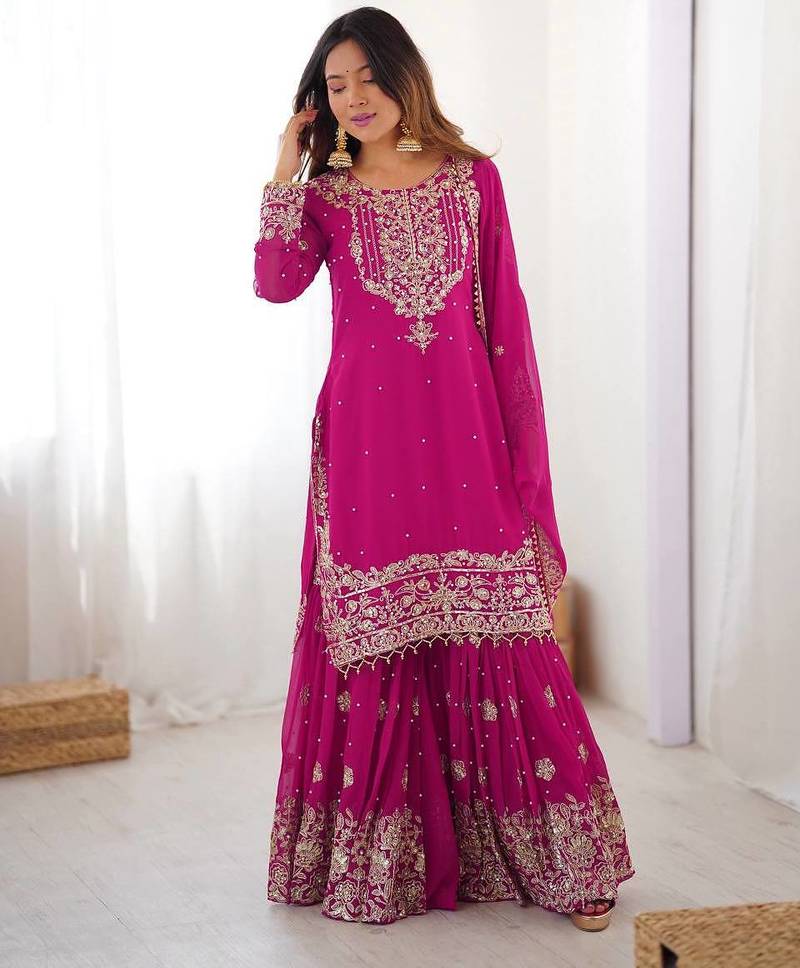 Pink Faux Georgette Embroidery Sharara Set