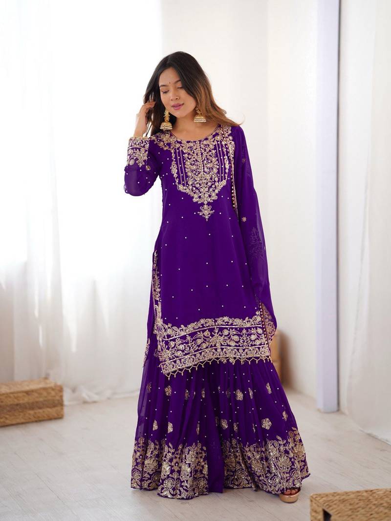 Purple Faux Georgette Embroidery Sharara Set