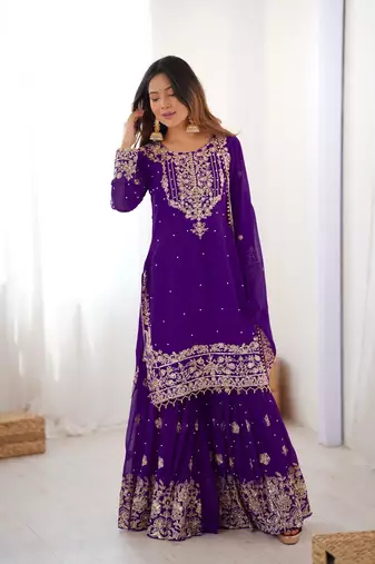 Purple Faux Georgette Embroidery Sharara Set