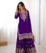 Purple Faux Georgette Embroidery Sharara Set