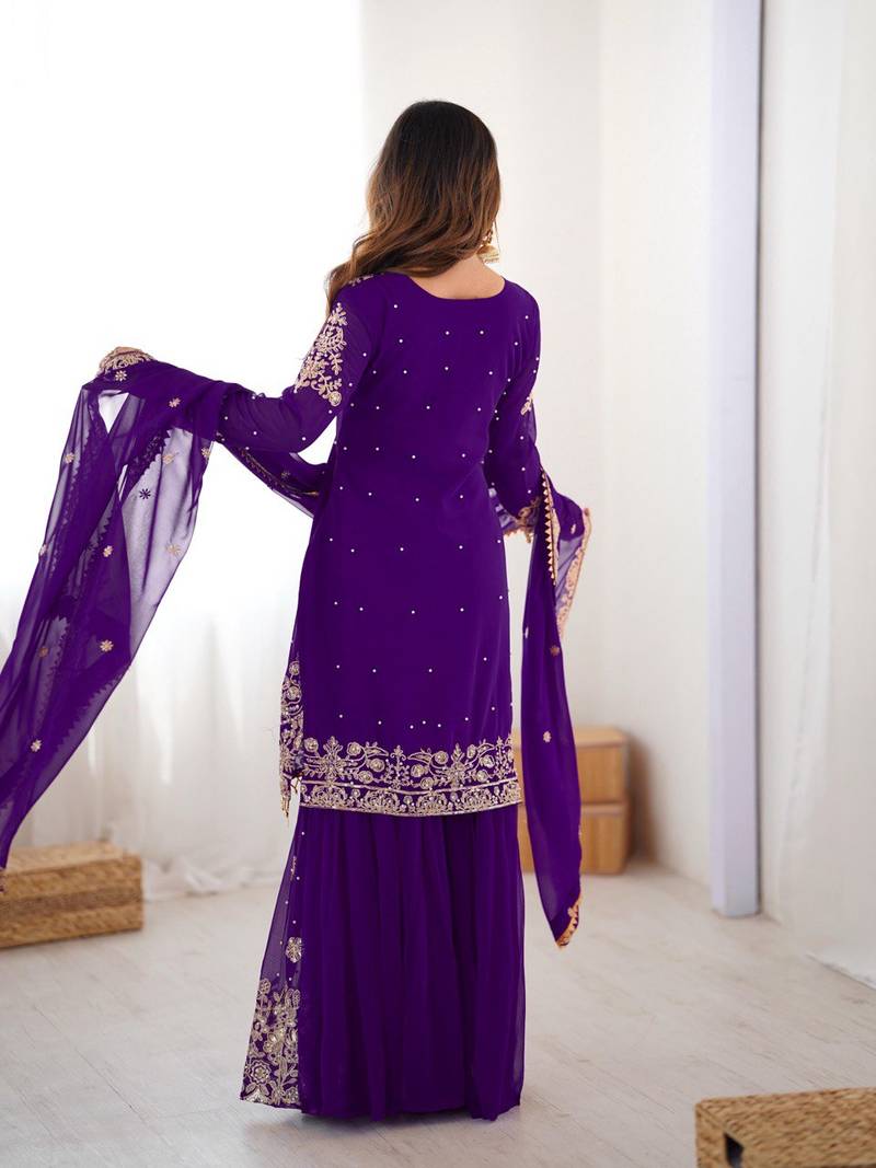Purple Faux Georgette Embroidery Sharara Set