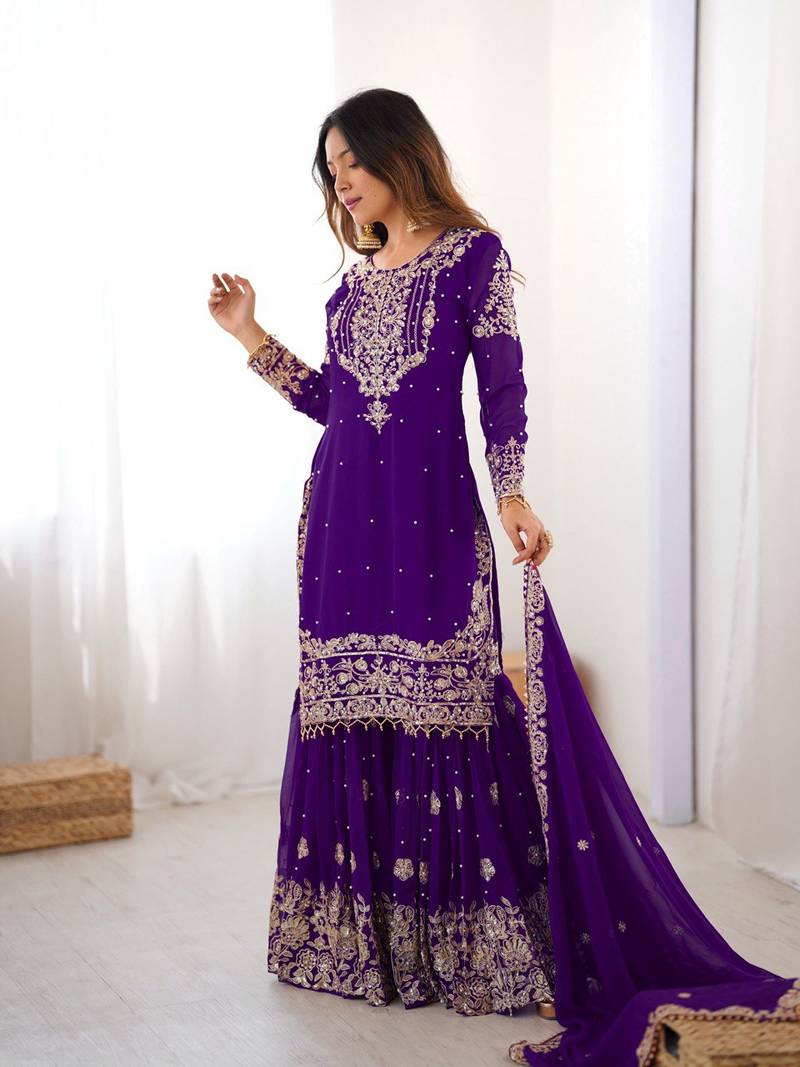 Purple Faux Georgette Embroidery Sharara Set