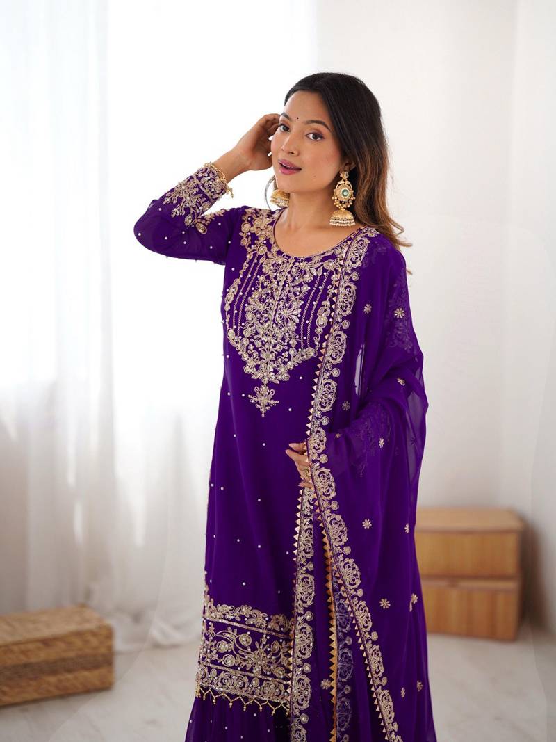 Purple Faux Georgette Embroidery Sharara Set