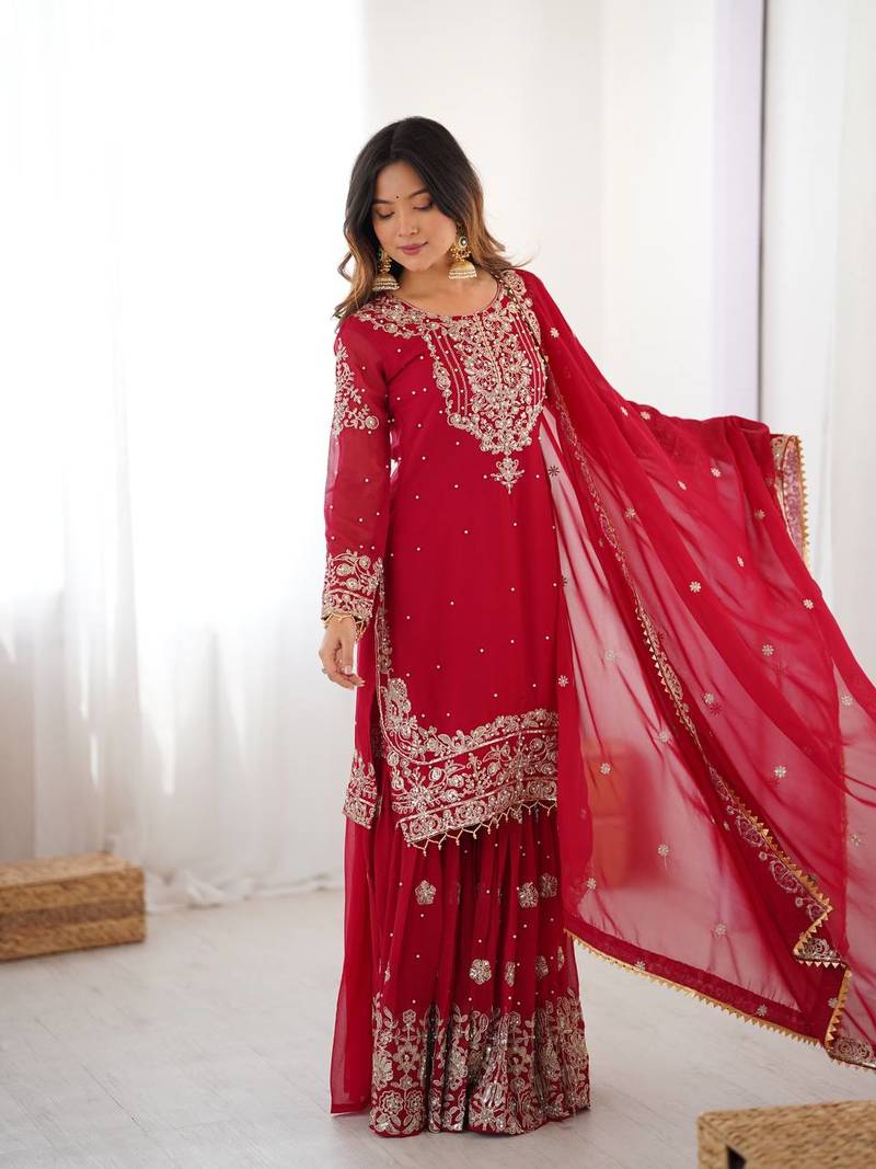 Red Faux Georgette Embroidery Sharara Set