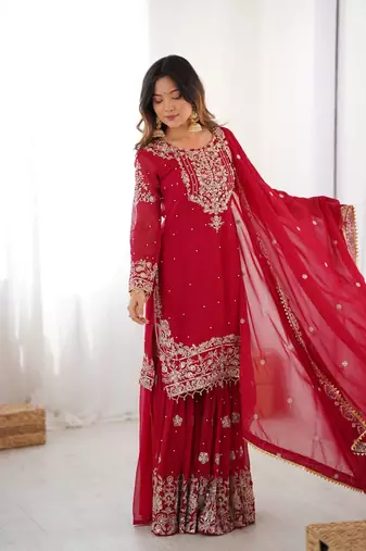 Red Faux Georgette Embroidery Sharara Set