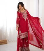 Red Faux Georgette Embroidery Sharara Set