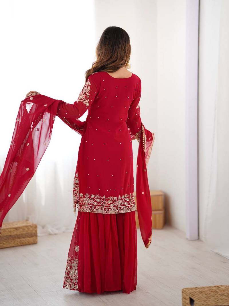 Red Faux Georgette Embroidery Sharara Set