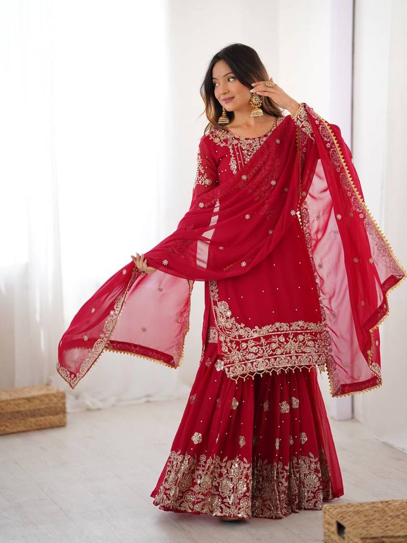 Red Faux Georgette Embroidery Sharara Set