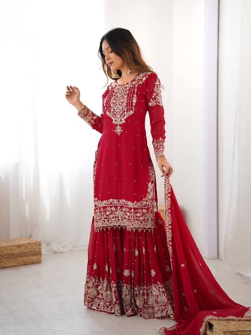 Red Faux Georgette Embroidery Sharara Set