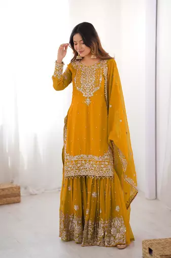 Yellow Faux Georgette Embroidery Sharara Set
