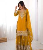 Yellow Faux Georgette Embroidery Sharara Set