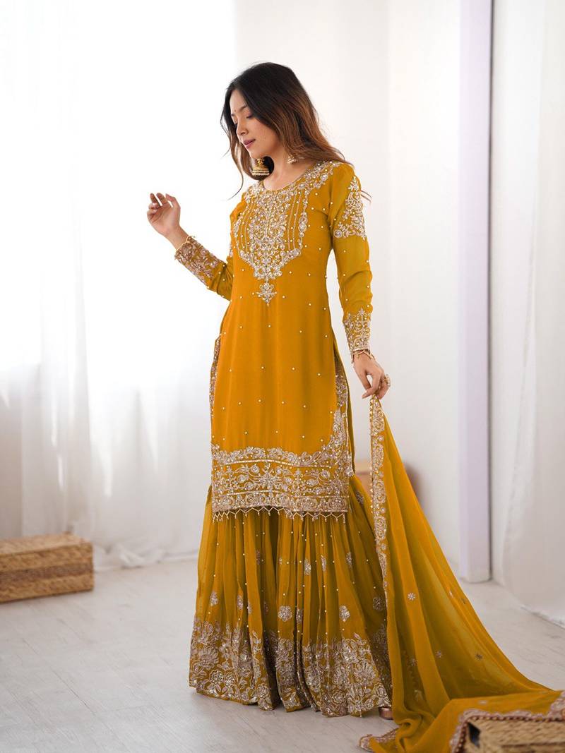 Yellow Faux Georgette Embroidery Sharara Set