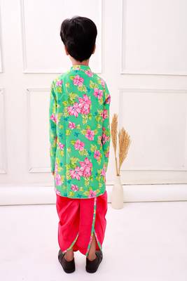fullsleeves floral printed kurta with dhoti - seagreen & pink 5