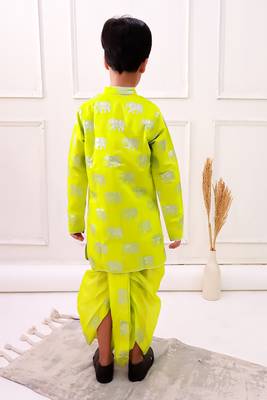 chanderi fullsleeves elephant printed kurta with dhoti - limegreen 5