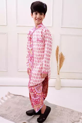 cotton fullsleeves all over printed kurta with dhoti - peach & white
