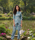 blue printed silk co-ord set for smart casual wear