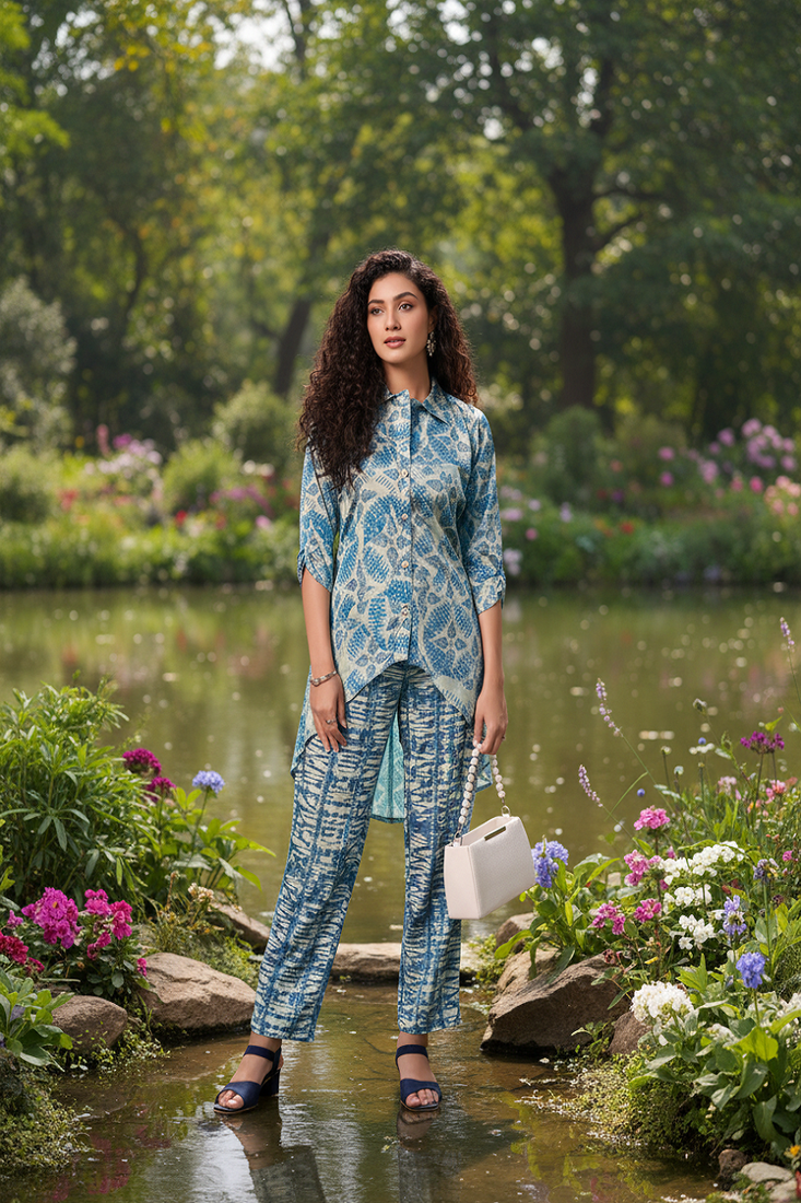 blue printed silk co-ord set for smart casual wear
